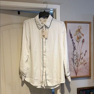 Nordstrom White Button-Up Blouse with Black Piping